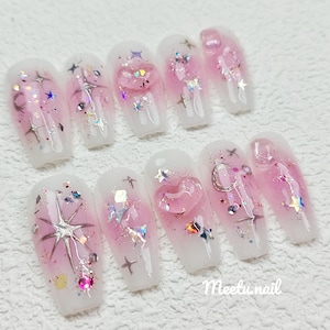 Chrome Pink Badass Press On Nails | 3D Aurora Long Stiletto Fake Nail | Goth Gothic Reusable Nails | Trendy Y2K Handpainted False Nail