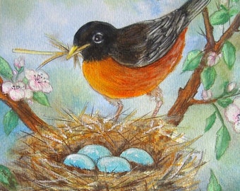 American Robin Nest Original Oil Pastel Watercolor Art Painting Spring Song Birds