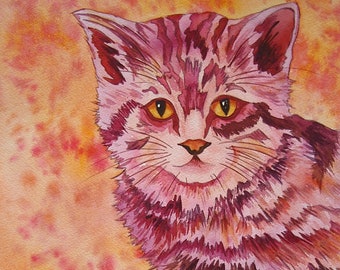 Pink Cat Watercolor Painting: Bright Analogous Colors Fantasy Art