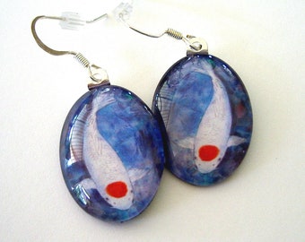 Koi Fish Earrings: Tancho Kohaku Collage Art, Good Luck Charm