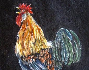 Crowing Rooster Painting Original Ink Tempera Resist Watercolor Art by AllKindsofArt artist Glenda Mullins