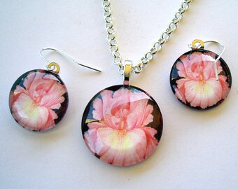 Pink Iris Art Glass Pendant and Earrings Set - Silver Plated Jewelry