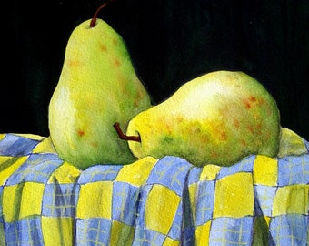 Pears and Quilt Still Life Art Original Watercolor Art Christmas Mother's Day Birthday Gift