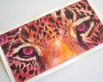 Fuchsia Jaguar Cat Eyes Painting Art Original Red Violet Eyes Watercolor Colored Pencil Art by AllKindsofArt artist Glenda Mullins