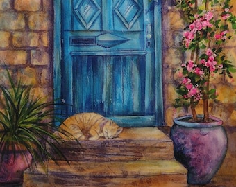 European Door Watercolor Painting: Sleeping Cat & Flowering Plant
