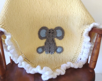 Knit Baby Blanket: Yellow & White, Crochet Ruffled Border, Gray Elephant Applique