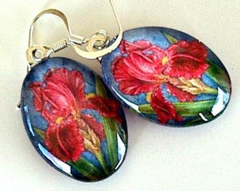 Iris Art Glass Earrings: Silver Plated, Cranberry Red Floral