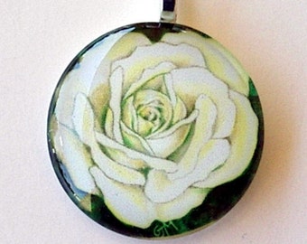 White Rose Art Glass Pendant, Bridal Floral Jewelry