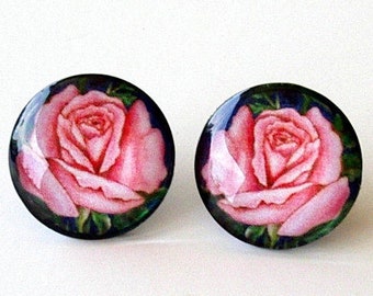Pink Rose Earrings Button Style Glass Round Art Flower Jewelry Exclusive Art Mother's Day Birthday Gift Rose