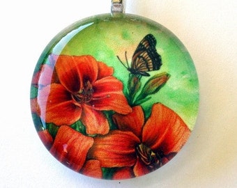 Orange Daylily Butterfly Jewelry Pendant Round Exclusive Art Glass Outrageous Daylily Art Mother's Day Gardener Gift