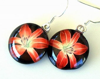 Ruby Red Daylily Earrings: Art Glass Floral Jewelry