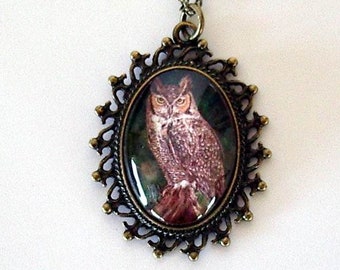 Great Horned Owl Jewelry Necklace Antique Brass Gold Pendant Necklace  Exclusive Colored Pencil Owl Art