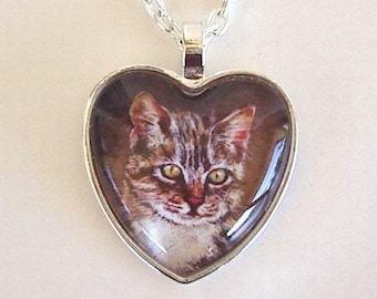 Art Glass Cat Pendant Necklace: Silver Plated Heart, Watercolor Kitten