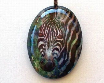 Zebra Art Glass Pendant - Black and White Collage Jewelry