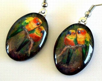 Sun Conure Parrot Art Glass Earrings, Bird Lover Jewelry