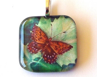 Fritillary Butterfly Art Glass Pendant: Silver Plated Jewelry