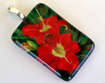 Red Daylily Flower Jewelry Scarlet Orbit Red Yellow Exclusive Art Glass Pendant Mother's Day Gardener Birthday Gift