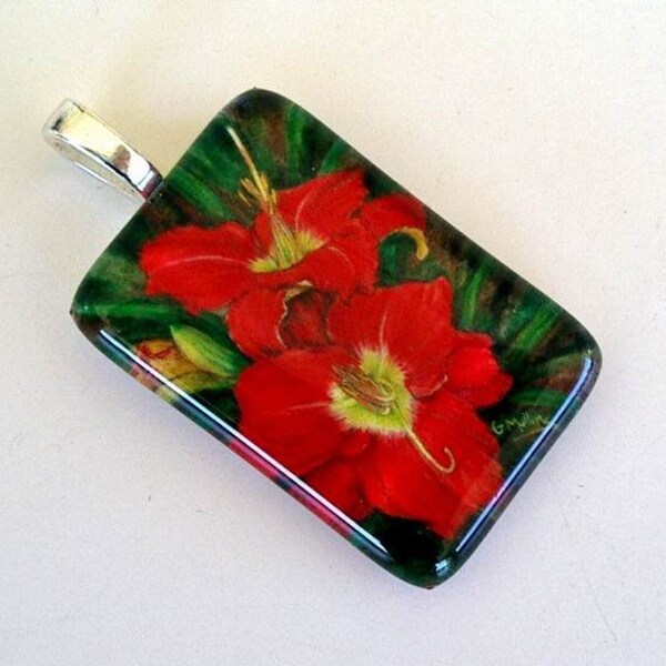 Red Daylily Flower Jewelry Scarlet Orbit Red Yellow Exclusive Art Glass Pendant Mother's Day Gardener Birthday Gift