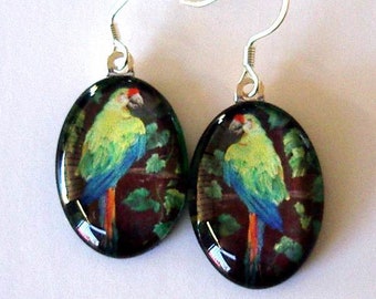 Parrot Earrings: Green Jungle Bird Art Glass Jewelry