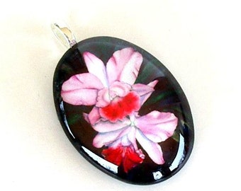Pink Cattleya Orchid Pendant: Oval Art Glass Flower Jewelry