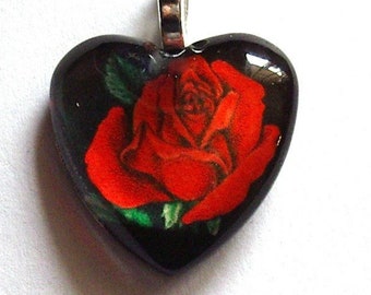 Red Rose Jewelry Pendant Heart Shaped Valentine Art Glass Silver Plated Mothers Day Gardener Birthday Gift Exclusive Colored Pencil Rose Art