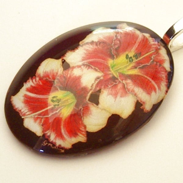 Daylily Jewelry Pendant Cream Peach Red Maroon EyeSpots Oval Exclusive Art Glass Panama Jack Daylily Mother's Day Gift
