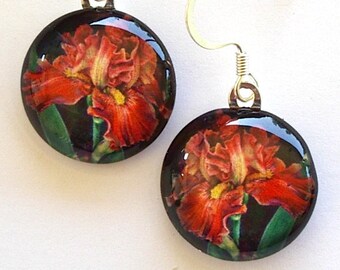 Art Glass Iris Drop Earrings: Red Gold Cafe Coffea Floral Jewelry