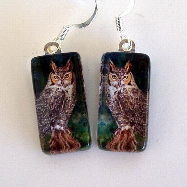 Owl Jewelry Earrings Great Horned Owl Art Glass Silver Plated Exclusive Colored Pencil Art