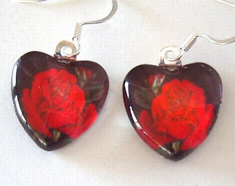 Red Rose Heart Earrings, Art Glass Colored Pencil Roses