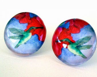 Hummingbird Earrings, Red Petunias Art Glass Button Post Earrings
