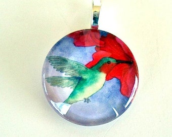 Hummingbird Art Pendant, Red Petunias, Silver Plated Bail