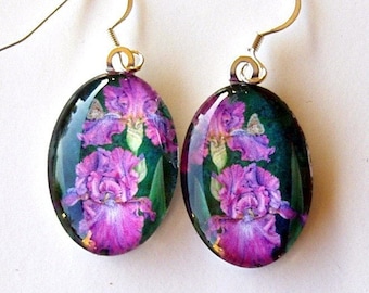 Iris Art Glass Drop Earrings: Swingtown Purple Floral, Butterfly Design