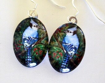 Blue Jay Bird Earrings, Oval Art Glass Jewelry, Team Mascot Gift