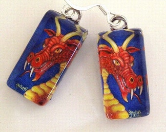 Red Gold Dragons Rectangular Exclusive Art Glass Earrings Jewelry Fantasy Dragon Lover Birthday Gift Colored Pencil Art