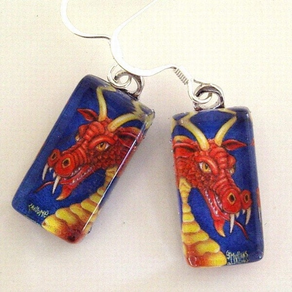 Red Gold Dragons Rectangular Exclusive Art Glass Earrings Jewelry Fantasy Dragon Lover Birthday Gift Colored Pencil Art