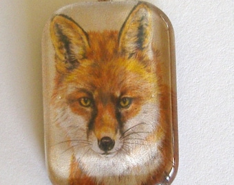 Red Fox Art Glass Pendant: Colored Pencil Drawing, School Mascot Gift