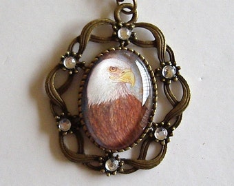 Eagle Necklace, American Bald Eagle Art Glass Pendant, Antique Bronze, 18" Chain
