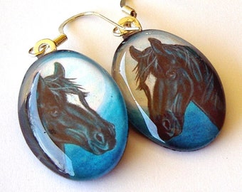 Horse Earrings: Oval Glass Art Jewelry, Black Horse-White Blaze, Turquoise Sky
