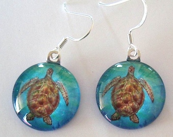 Sea Turtle Art Glass Earrings, Ocean Life Jewelry