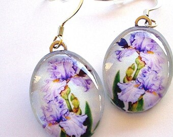 Iris Flower Art Earrings: Purple Lavender, Swallowtail Butterfly