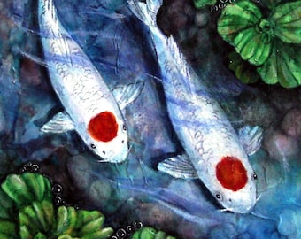 Kohaku Tancho Koi Fish Art: Original Collage Painting on Canvas