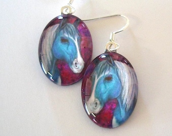 Paint Horse Art Glass Earrings, Turquoise Oval Jewelry