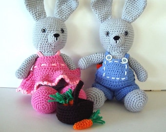 Crocheted Bunny Couple Dolls with Removable Outfits, Easter Stuffed Animals