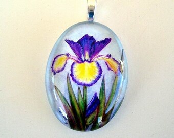 Iris Jewelry Yellow and Blue Violet Spuria Oval Art Glass Pendant Mother's Day Gift Exclusive Colored Pencil Iris Art