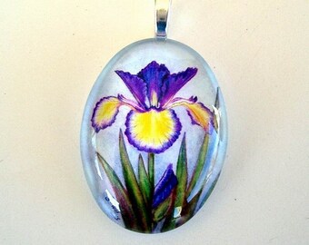 Spuria Iris Art Glass Pendant: Colored Pencil Floral Jewelry