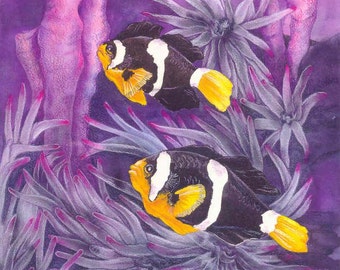 Anemone Fish Original Watercolor Painting, Saltwater Aquarium Art