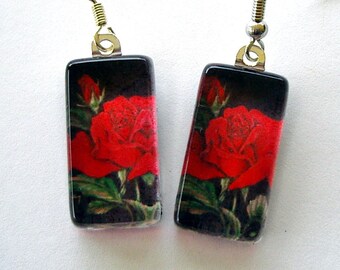 Red Rose Art Glass Earrings, Colored Pencil Floral Jewelry