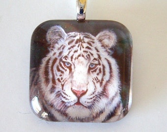 White Tiger Art Glass Pendant: School Mascot Jewelry
