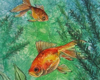 Two Goldfish Painting Aquarium Original Watercolor Art by AllKindsofArt artist Glenda Mullins