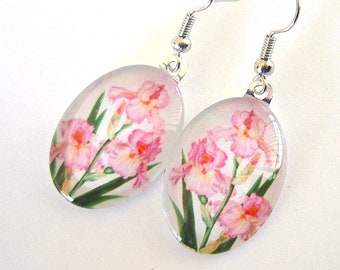 Iris Earrings Pink Flower Jewelry Oval Glass Exclusive Art Iris Grower Mother's Day Gift Idea